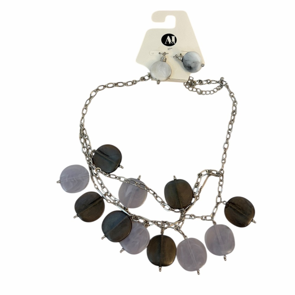 Beaded Necklace & Earring Set – Purple & Brown Tones – Silver Chain